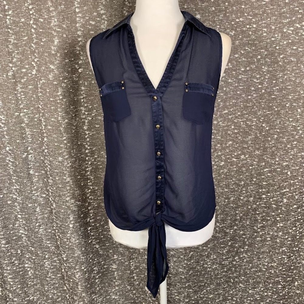 Cache Navy Blue Sheer Sleeveless Tie Front Button Up Blouse Top Women's Medium